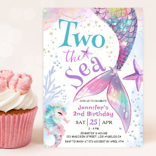 Two The Sea Pink Girl Mermaid 2nd Birthday Invitation