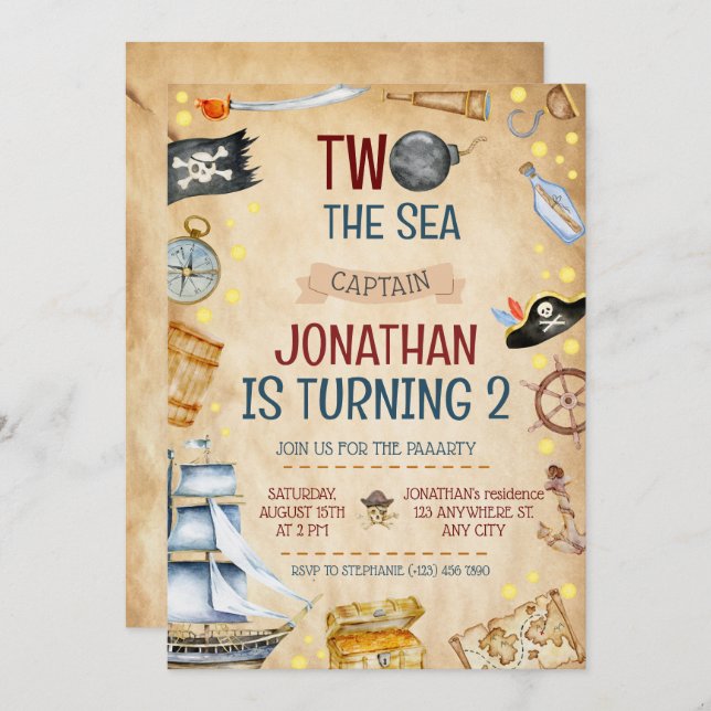 Two The Sea Pirate Ship 2nd Birthday Party Invitation (Front/Back)