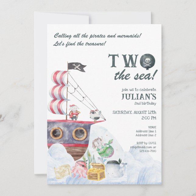 Two The Sea Pirate Ship Mermaid 2nd Birthday Party Invitation (Front)