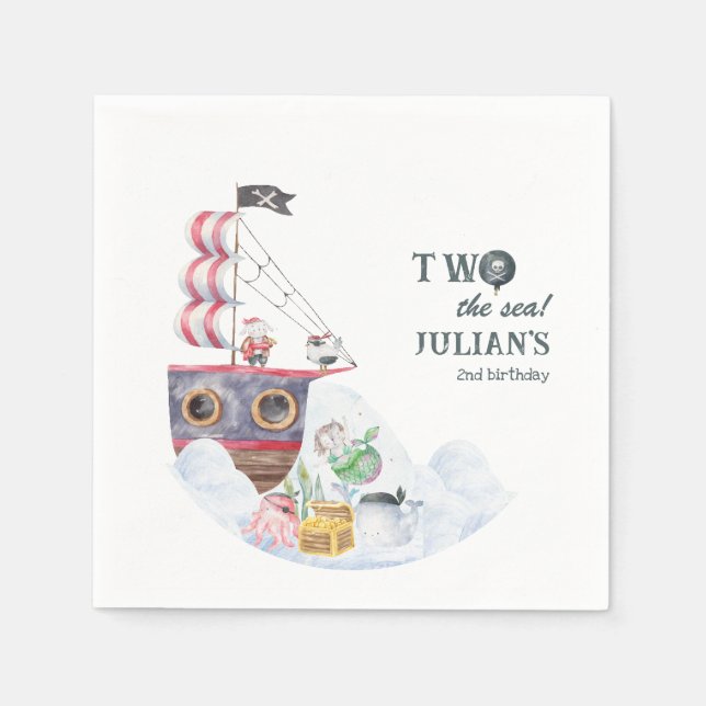 Two The Sea Pirate Ship Mermaid 2nd Birthday Party Napkins (Front)