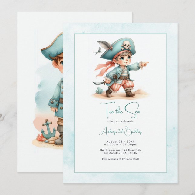 “Two the Sea” Pirate Toddler 2nd Birthday Party Invitation (Front/Back)