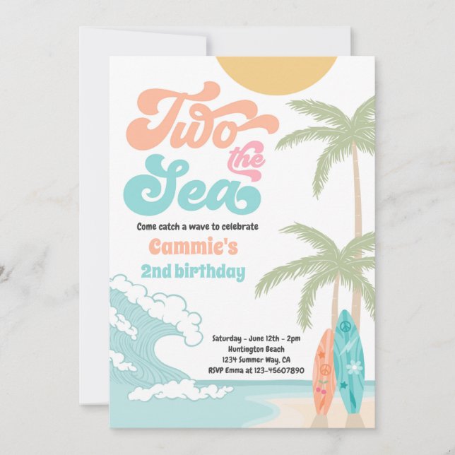 Two The Sea Retro Surfboard Beach 2nd Birthday Invitation (Front)