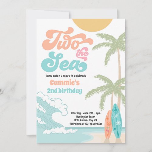 Two The Sea Retro Surfboard Beach 2nd Birthday Invitation