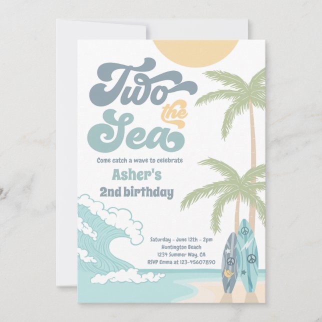 Two The Sea Retro Surfboard Beach 2nd Birthday Invitation (Front)