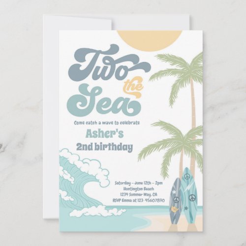 Two The Sea Retro Surfboard Beach 2nd Birthday Invitation