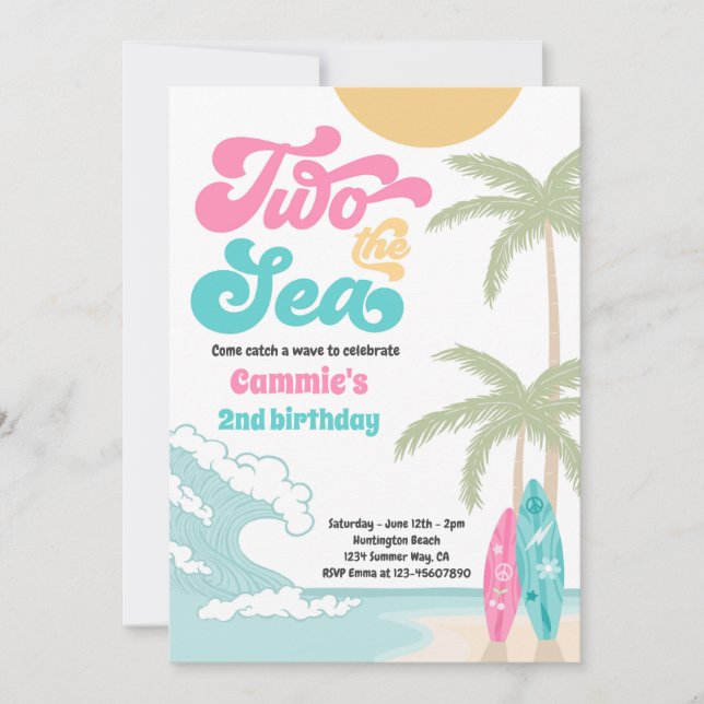 Two The Sea Retro Surfboard Beach 2nd Birthday Invitation (Front)