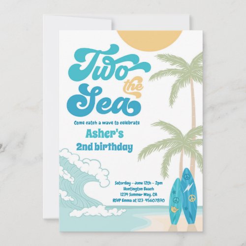Two The Sea Retro Surfboard Beach 2nd Birthday Invitation