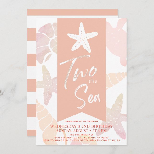 Two the Sea Starfish Coral Pink 2nd Birthday Invit Invitation (Front/Back)