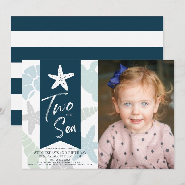 Two the Sea Starfish Navy Blue 2nd Birthday Photo Invitation (Front/Back)