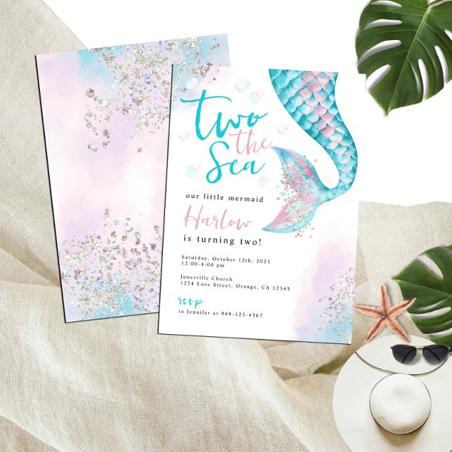Two the Sea Watercolor Mermaid Birthday Invitation (Creator Uploaded)