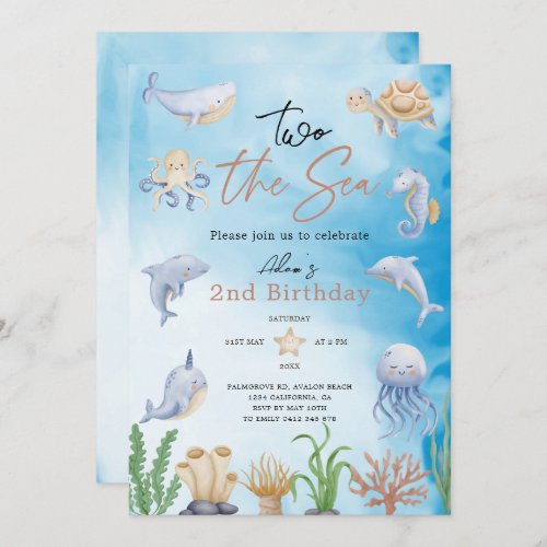 Two the Sea Watercolor Under the Sea 2nd Birthday Invitation