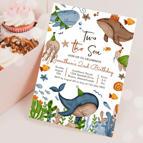 Two the Sea Whale Shark Turtle 2nd Birthday Party Invitation