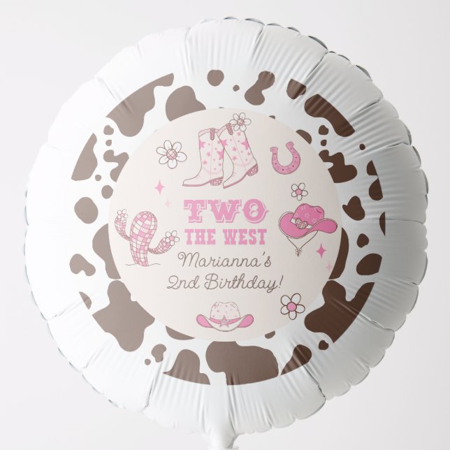 Two the West Cowgirl pink brown 2nd birthday party Balloon (Front)