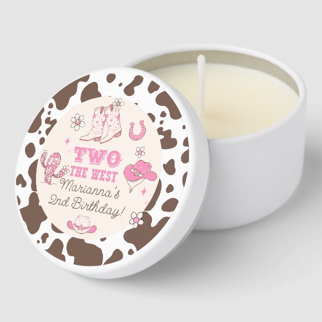 Two the West Cowgirl pink brown 2nd birthday party Mini Candle Favors (Corner)