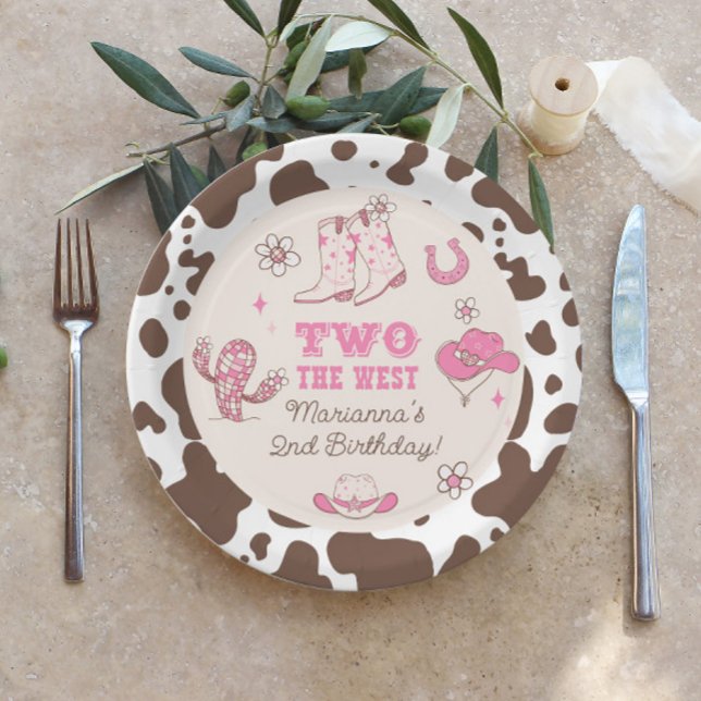 Two the West Cowgirl pink brown 2nd birthday party Paper Plates (Creator Uploaded)