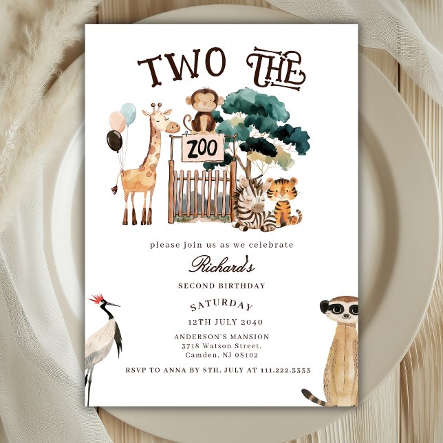 Two The Zoo Animals Safari 2nd Second Birthday  Invitation (Creator Uploaded)