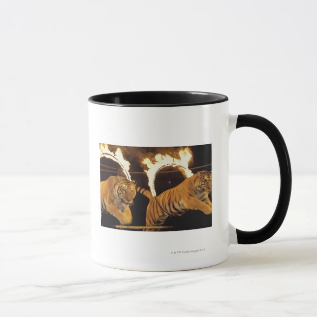 Two tigers leaping through burning rings of fire mug (Right)