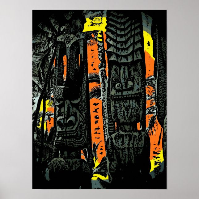 Two tiki statues sunrise tropical poster (Front)