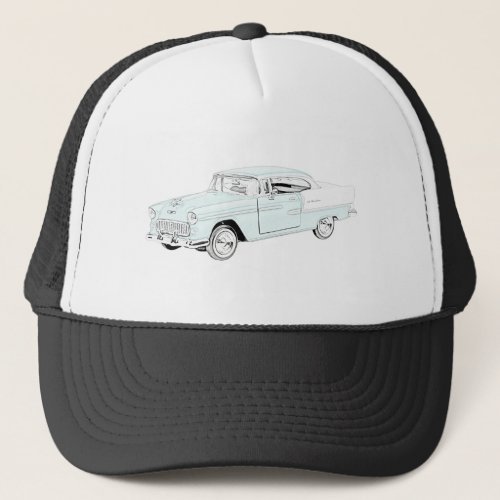 Two Tone 1955 Chevy Bel Air Pencil Style Drawing Trucker Hat