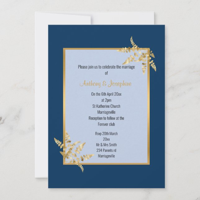 Two Tone Blue Gold ELEGANT CLASSIC WEDDING Invitation (Front)