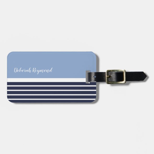 two tone blue nautical stripes luggage tag (Front Horizontal)