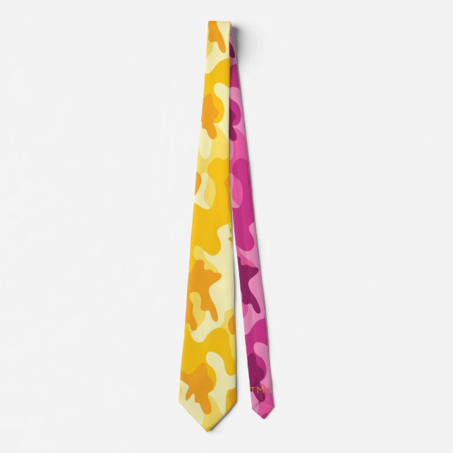 Two Tone Camo Pink Yellow Monogram Groomsman Neck Tie (Front)