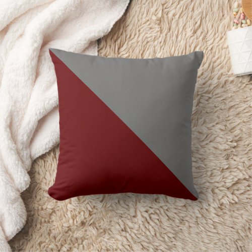 Two Tone Diagonal Dark Red and Medium Gray Throw Pillow