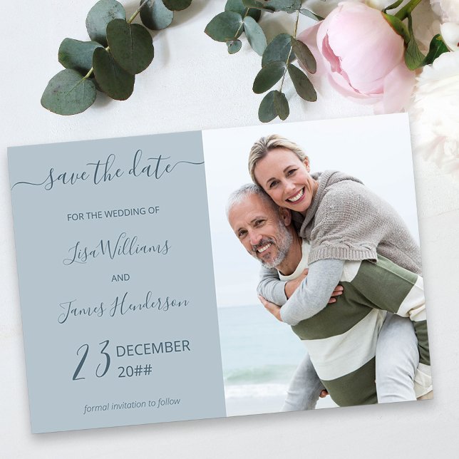 Two-Tone Dusty Blue Custom Photo Save the Date Invitation (Light Blue Wedding Save the Date with Photo)