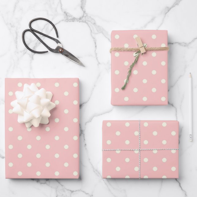 Two Tone Elegant Champagne Pink & White Polka Dots Wrapping Paper Sheets (Front)