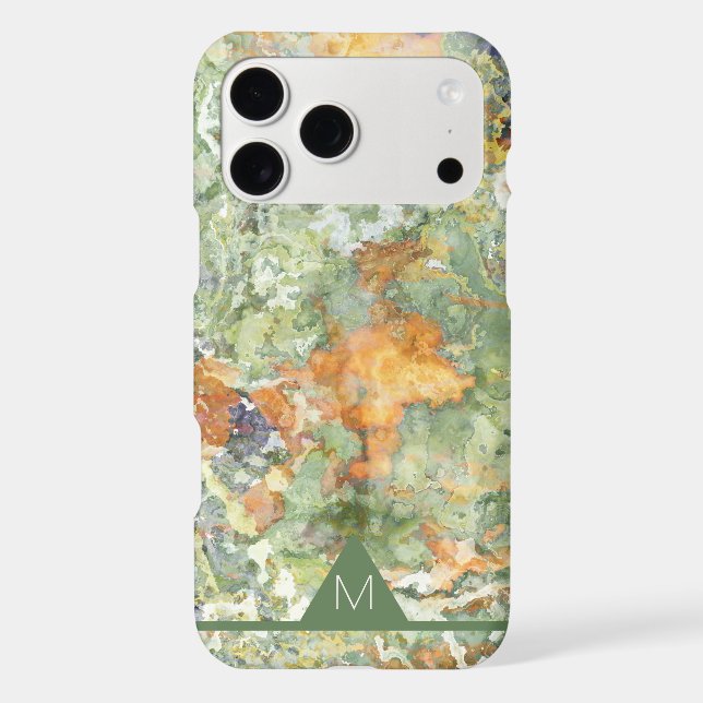 Two-Tone Green Orange Marble Look Monogram Cell Case-Mate iPhone Case (Back)