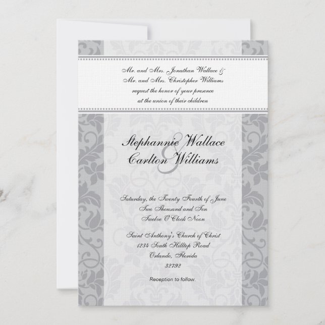 Two-tone Grey Damask Wedding Invitation (Front)