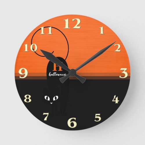 Two Tone Halloween Orange Black Cat Round Clock