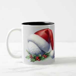 Two tone mug with a golf ball wearing a Santa hat