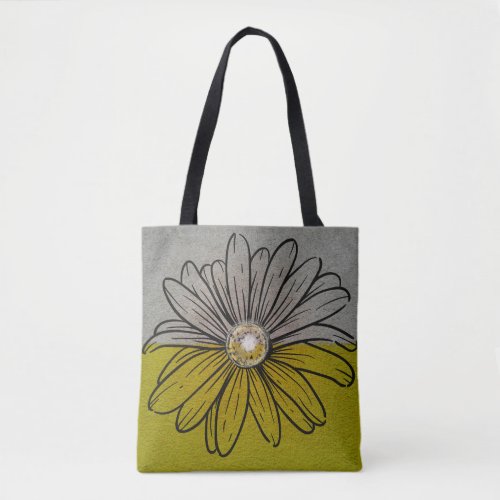 Two tone mustard green and gray with black flower tote bag