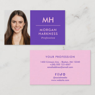 Two-Tone Purple Pink Minimal Photo & Monogram Business Card