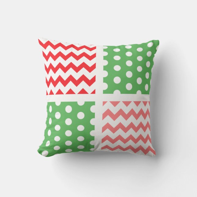 Two-Tone Red/Green/White Chevron/Polkadot Throw Pillow (Front)