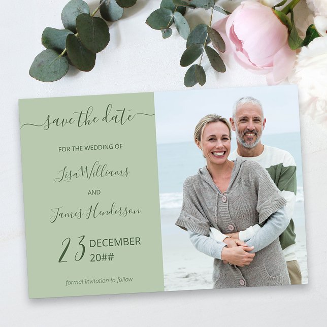 Two-Tone Sage Green Custom Photo Save the Date Invitation (Green Wedding Save the Date with Photo)