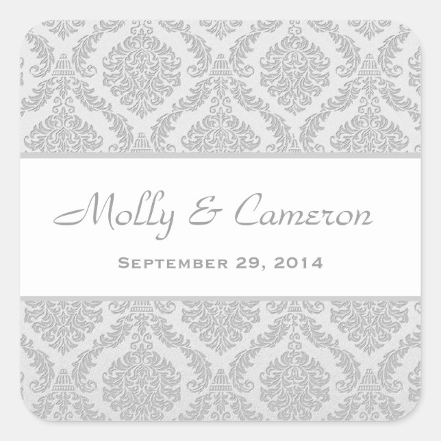 Two Tone Silver Gray Damask  Wedding V79 Square Sticker (Front)