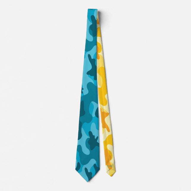 Two Tone Turquoise Blue Camo Yellow Initials  Neck Tie (Front)