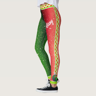 Two Tone with Name Red Green Side Stripe Christmas Leggings