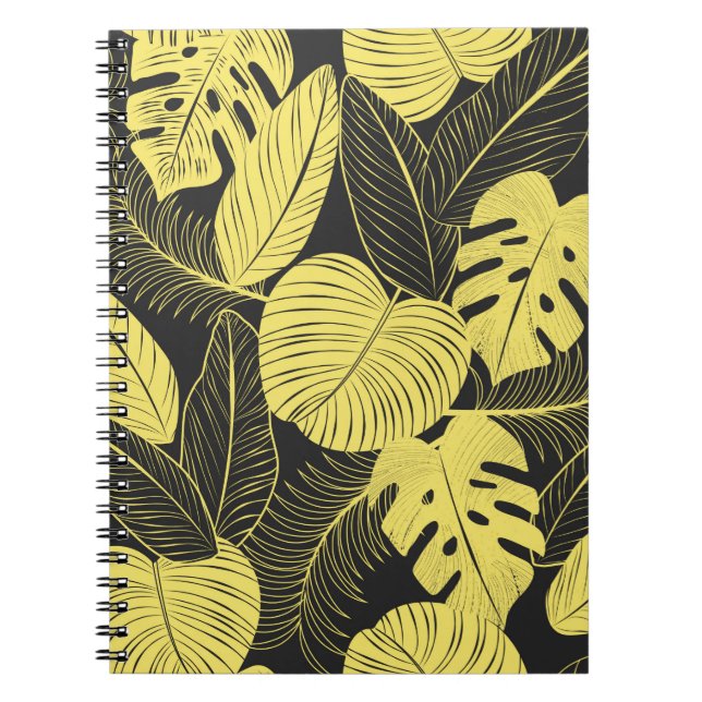 Two Tone Yellow Black Tropical Leaf Seamless Patte Notebook (Front)
