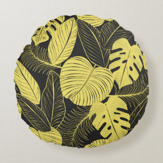 Two Tone Yellow Black Tropical Leaf Seamless Patte Round Pillow
