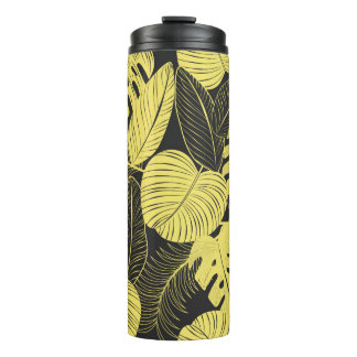 Two Tone Yellow Black Tropical Leaf Seamless Patte Thermal Tumbler