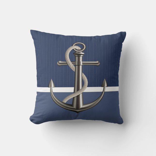 Two-toned Blue Pinstriped Anchor Throw Pillow (Front)