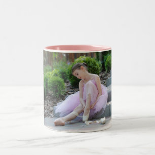 Two toned coffee mug with ballet child in pink.