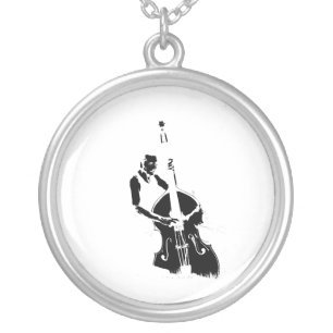Two Toned Upright Bass Player Outline BW Silver Plated Necklace