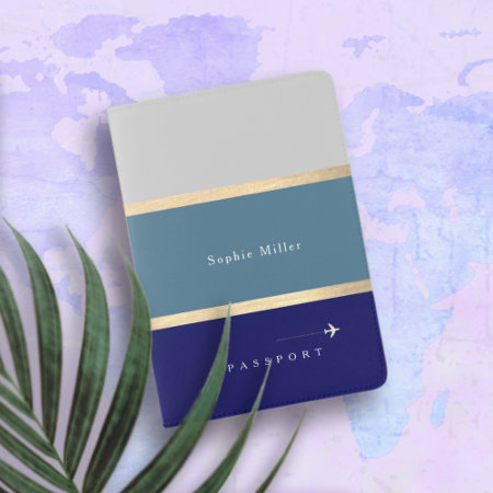 Two Tones Blue Large Stripes With Name, Elegant Passport Holder