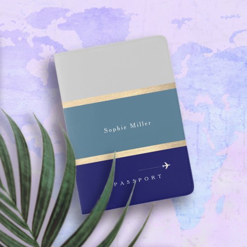 two tones blue large stripes with name elegant passport holder