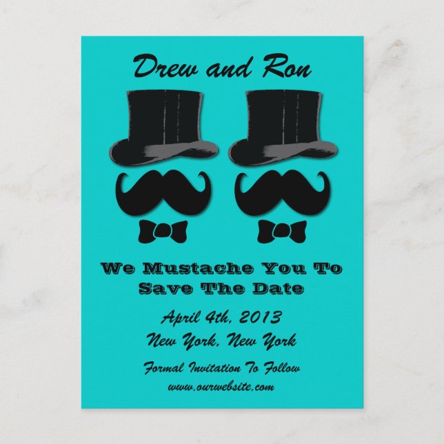 Two Top Hats With Mustache Save The Date Card (Front)