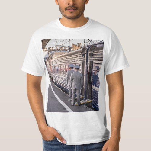 Two train conductors in uniform T_Shirt